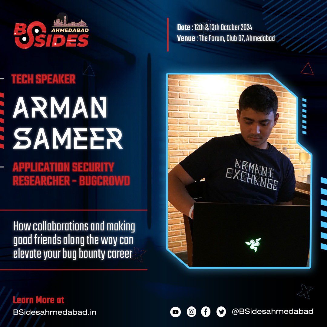 👾 Introducing our next Tech Speaker—<a href="/ArmanSameer95/">TESS</a> ! He’s all set to dive into ‘How Collaborations and Making Good Friends Can Elevate Your Bug Bounty Career.’ 💰💸🎯

🏅 Arman was crowned Most Valuable Hacker on Bugcrowd in 2022 and has consistently ranked as a top hacker