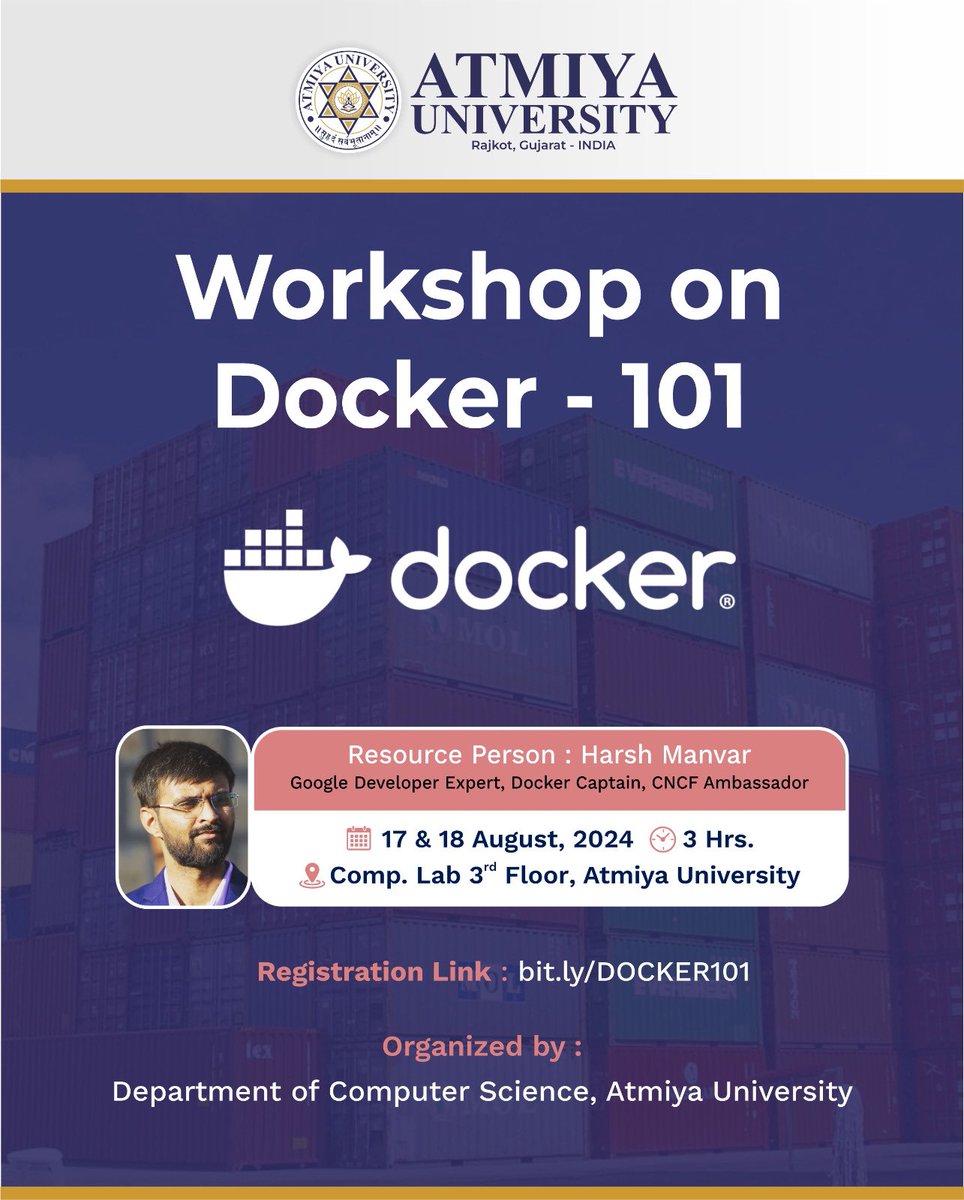 d_p_gohel's tweet photo. 👋 Hello Everyone!

The @Docker 101 Workshop at @AtmiyaUni (Aug 17-18) was a success! @manvar_harsh’s sessions were praised. Coordinated by @Andy__Creative. 🚀

📘 Batch 1: 17/08, 02:00-05:00 PM
📕 Batch 2: 18/08, 08:00-11:00 AM
📗 Batch 3: 18/08, 12:00-03:00 PM https://t.co/WvslfLLs8j