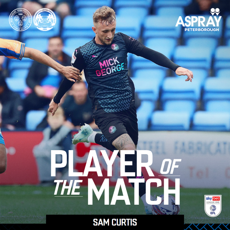 theposh's tweet photo. 🏆 With 43% of the votes, your Player of the Match against Shrewsbury Town is Sam Curtis. 

Well played, Sam 👏

Player of the Match brought to you by Aspray Peterborough.  

#pufc https://t.co/OFDVFNrjyJ
