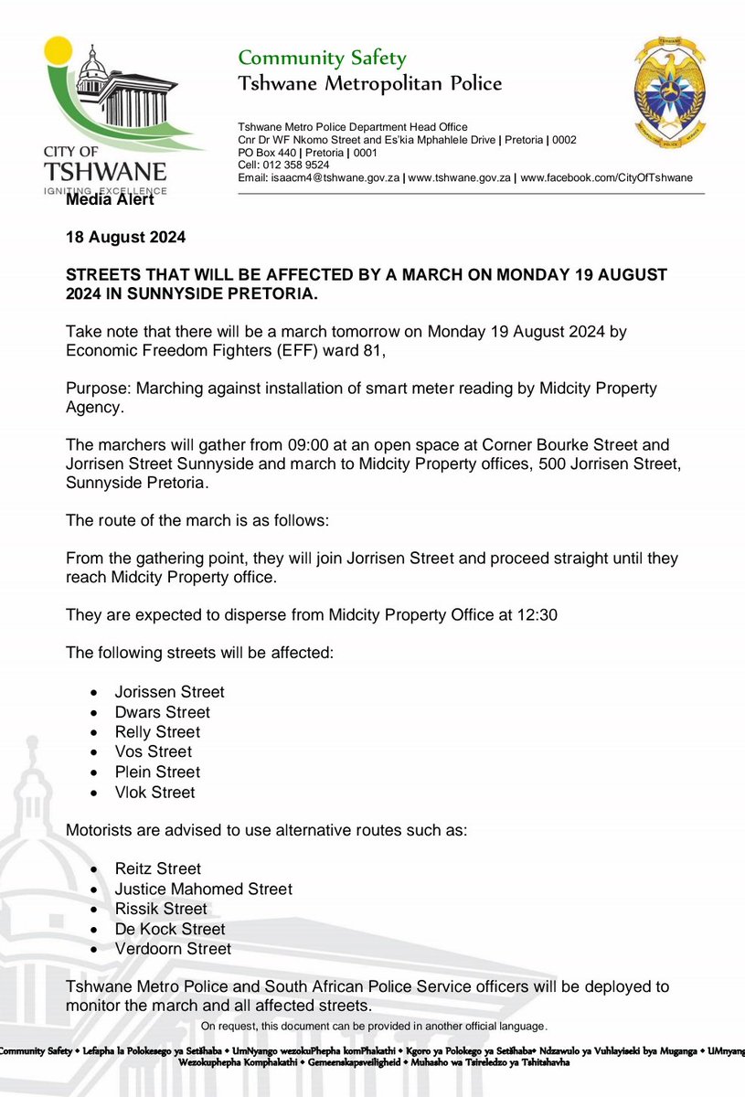 CityTshwane's tweet photo. STREETS THAT WILL BE AFFECTED BY A MARCH ON MONDAY 19 AUGUST 2024 IN SUNNYSIDE PRETORIA. https://t.co/wRG3dusJSQ