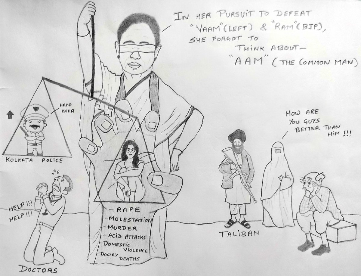 janamdave's tweet photo. In her pursuit to defeat "VAAM" (Left) and "RAM" (BJP), she forgot to think about "AAM" (The common man)
Grave injustice to MAA.....MATI....MANUSH !!!
#WestBengalHorror 
#DoctorDeath 
#RGKarProtest https://t.co/ATlcSUtmPO
