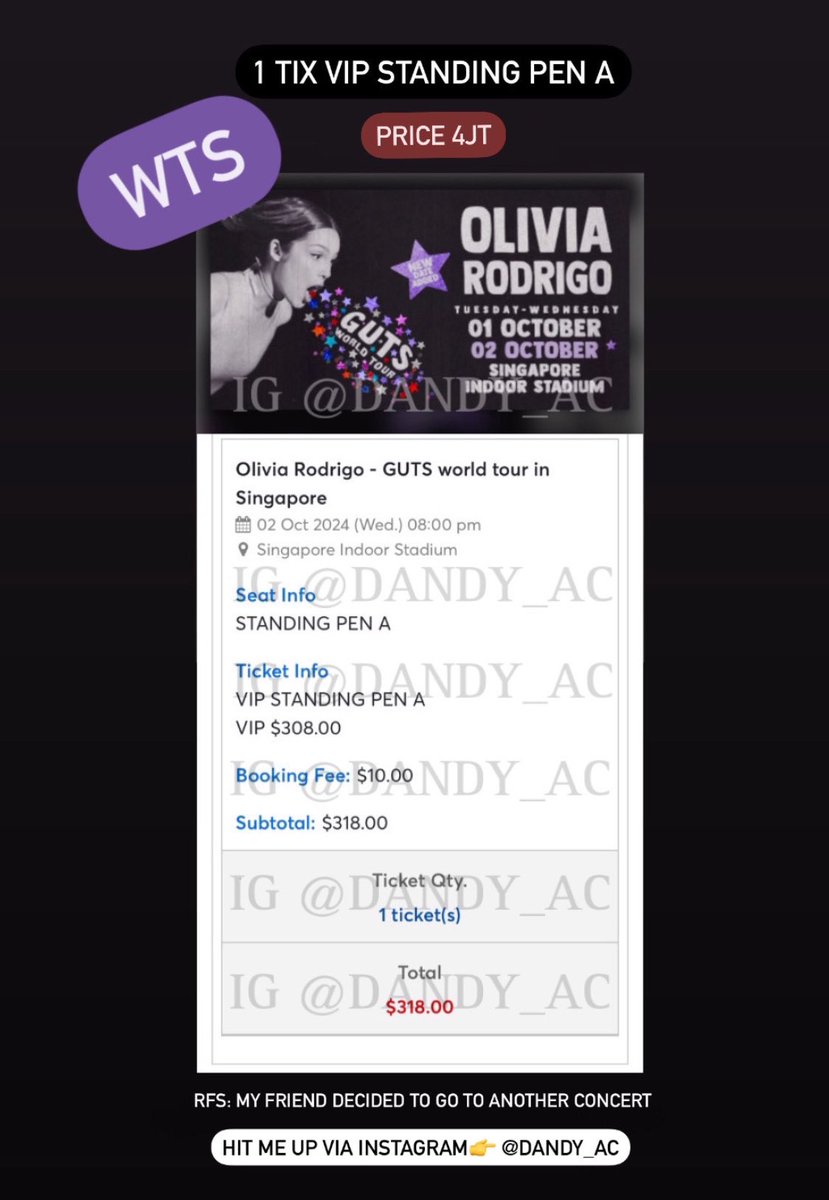 dandy_ac's tweet photo. WTS GUTS TOUR SINGAPORE DAY 2⭐️

1 tix for VIP Standing Pen A
Price: IDR 4jt (normal 3,8jt)
RFS: decided to go to another concert

just hit me up via DM on this account or check my instagram @dandy_ac

#GUTSWorldTour #GUTSWorldTourSingapore #GUTSWorldTourSG #OliviaRodrigo https://t.co/j8W2Q768ye