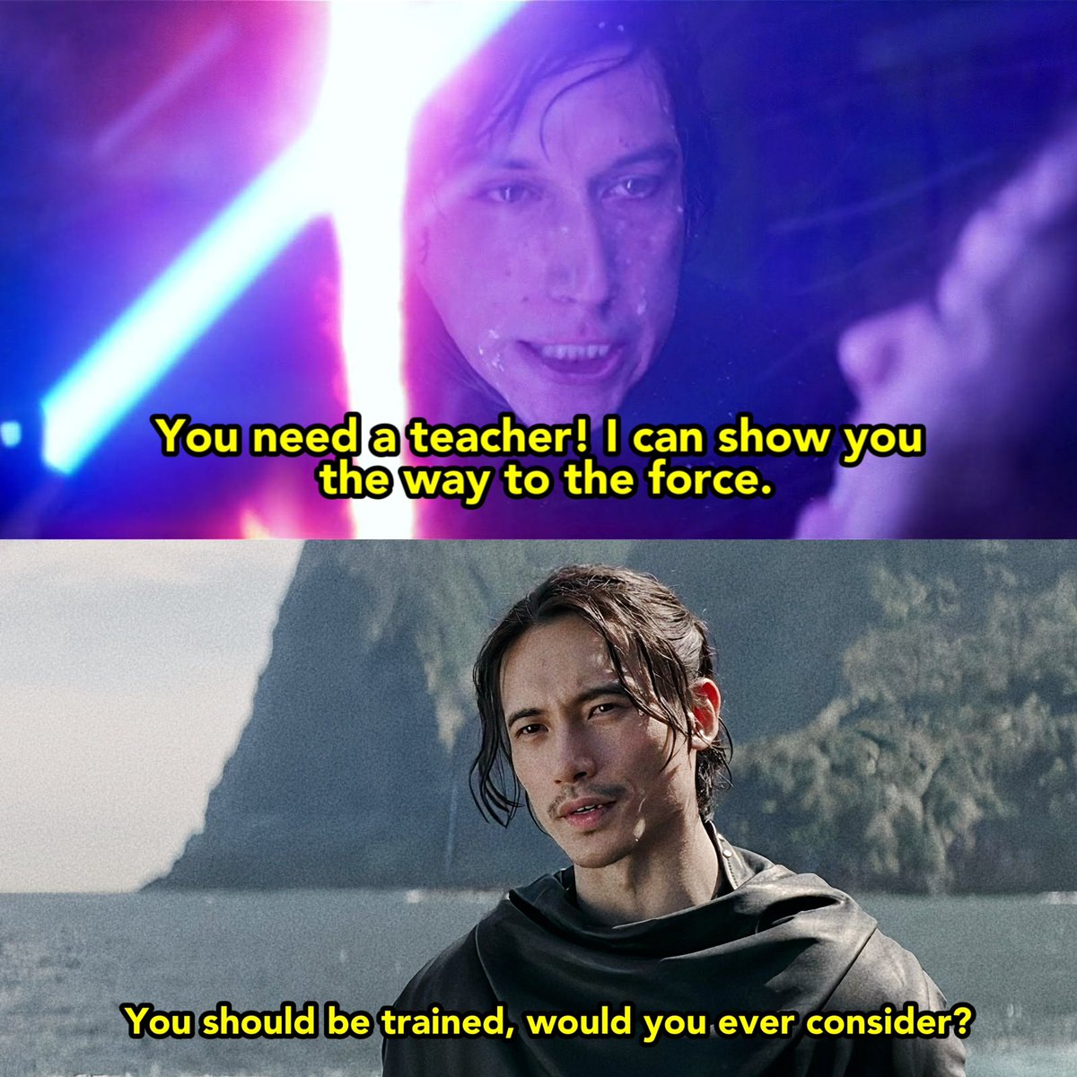 eggsywaffle's tweet photo. At this point when a force user offers to teach someone, my mind immediately jumps to “Will you be my wife?” or “I’m in love with you.” 

#Reylo #Oshamir #RenewTheAcolyte https://t.co/2l6U473s8M