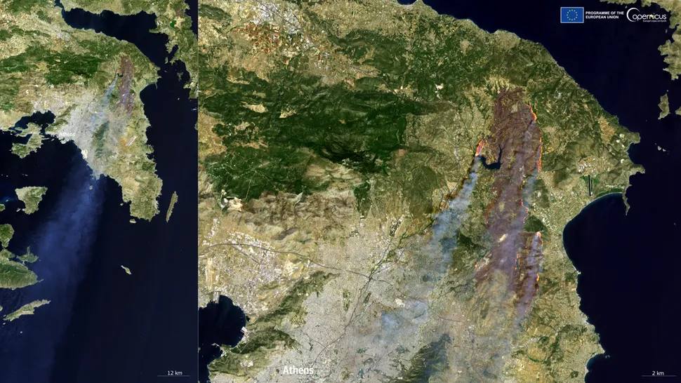 NeboLive's tweet photo. 🔥 Wildfires in Greece have destroyed 25,000 acres of land—twice the size of Manhattan. The fire broke out on August 11 near Athens. One person has died, and dozens have been injured. #Greece #Wildfires #Athens #PlanetLabs #Sentinel2 https://t.co/anJExk9YxT