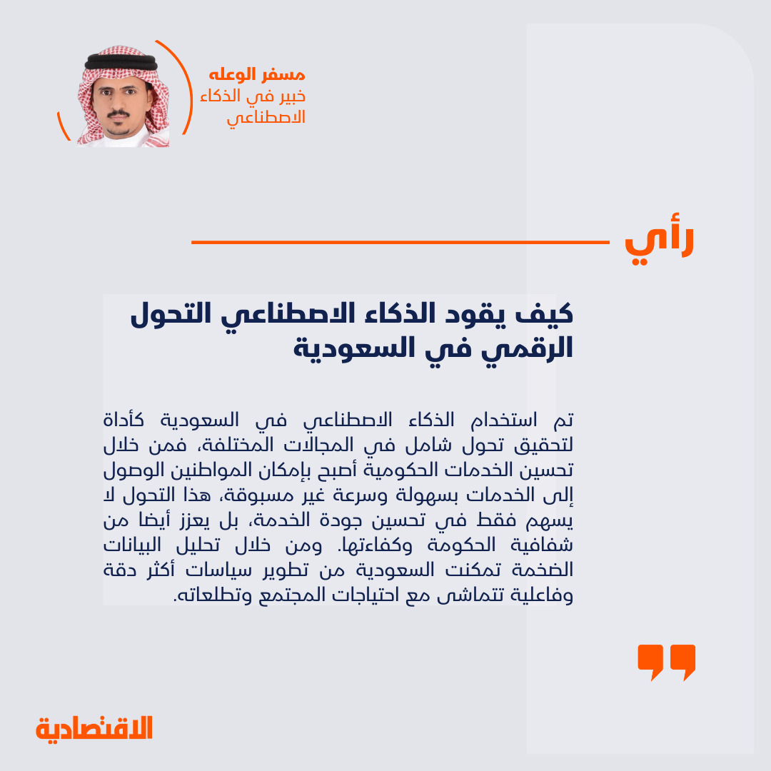 كيف يقود الذكاء الاصطناعي التحول الرقمي في السعودية

<a href="/MAlwalaha/">Mesfer Alwalah</a> 

aleqt.com/2024/08/18/art…