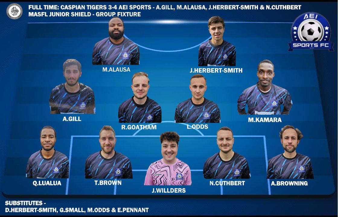 AEI Sports Sunday FC (@aeisportssunday) on Twitter photo FT: Caspian Tigers 3-4 <a href="/AEISportsSunday/">AEI Sports Sunday FC</a>
We get the win and finish 2nd in the group. Game of 2 halves we were the better first with Caspian better in the second but we managed to get over the line.
<a href="/94AmanG/">Aman Gill</a> ⚽️
<a href="/Mozzayy/">Moses</a> ⚽️
Jordan Herbert-Smith ⚽️
<a href="/codling01/">Nick</a> ⚽️
<a href="/SundayLeagueDay/">Sunday League Day</a> FT: Caspian Tigers 3-4 <a href="/AEISportsSunday/">AEI Sports Sunday FC</a>
We get the win and finish 2nd in the group. Game of 2 halves we were the better first with Caspian better in the second but we managed to get over the line.
<a href="/94AmanG/">Aman Gill</a> ⚽️
<a href="/Mozzayy/">Moses</a> ⚽️
Jordan Herbert-Smith ⚽️
<a href="/codling01/">Nick</a> ⚽️
<a href="/SundayLeagueDay/">Sunday League Day</a>