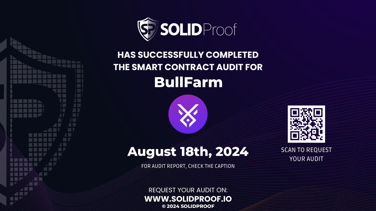 solidproof_news's tweet photo. We are happy to announce that we have completed the smart contract audit for @BullFarm_io on the @0xPolygon blockchain 🔐
Need an audit?
https://t.co/9DXI3qJCHH
Check out the full audit report here:
https://t.co/siX2QvcXYo
#SmartContracts #Blockchain https://t.co/xRoOLYVArC