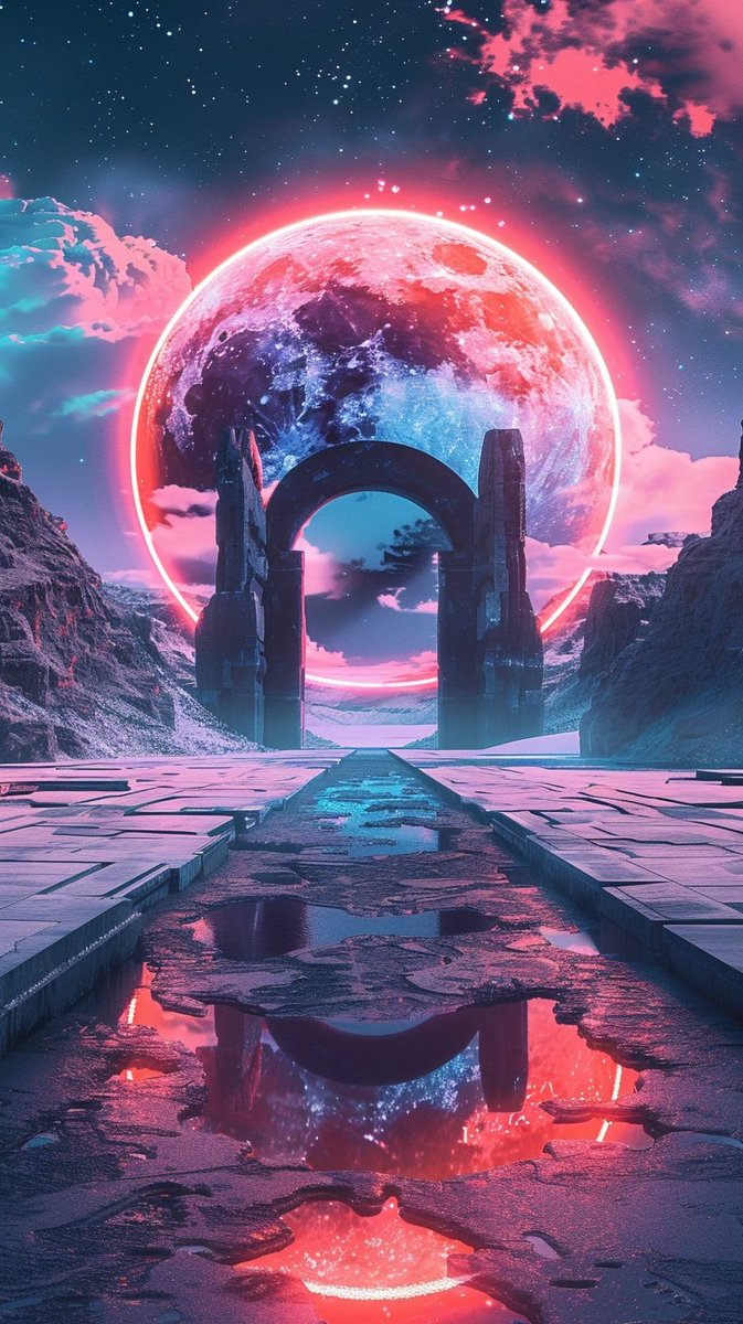 marcusdotx's tweet photo. A gateway to another world, illuminated by the glow of a cosmic moon. The reflection on the path invites you to step into the unknown, where ancient mysteries and futuristic visions converge. 🌕✨

#CosmicGateway #MysticalPath #SurrealArt #DigitalArt #FuturisticWorld #MoonlitJourney #VisualArt #DreamlikeLandscapes #Exploration #NeonGlow #ArtisticExpression