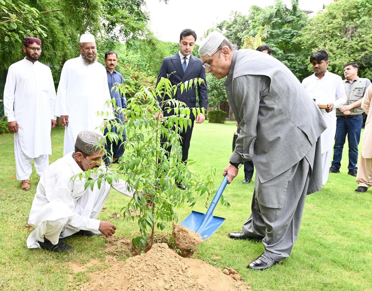 President Asif Ali Zardari planting a “Neem” sapling at Bilawal House as part of the Monsoon Tree Plantation Campaign, in Karachi