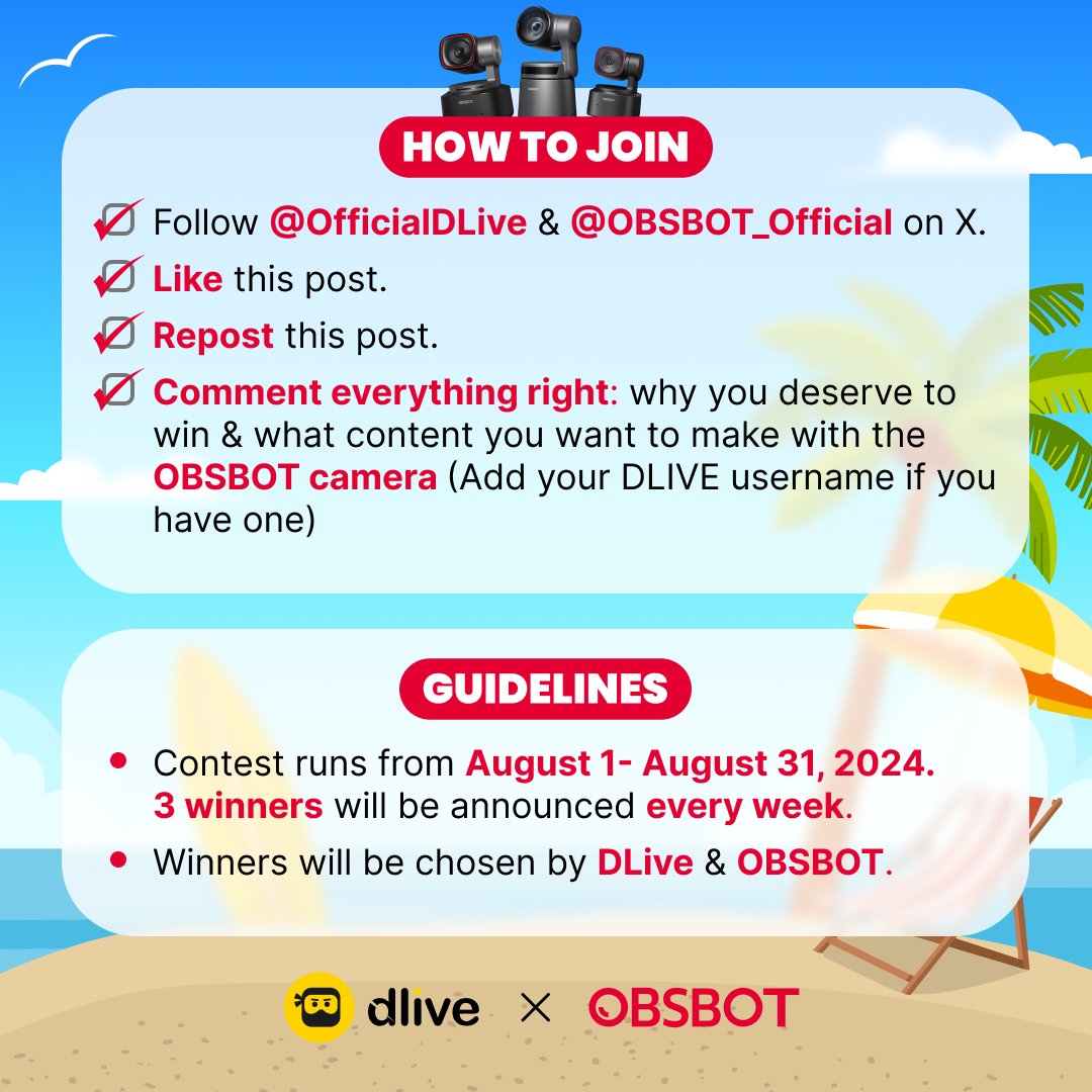 OfficialDLive's tweet image. 🏝️ DLive x OBSBOT Summer Spectacular Giveaway! 🌴

💥 Happy Sunday, you know it's that time again!! 💥

Welcome to WEEK 3 of our Weekly Giveaway!

All throughout August, we are giving away $4,000 worth of amazing cameras from our friends at @OBSBOT_Official!

👉🏽 You could win: 👈🏽…