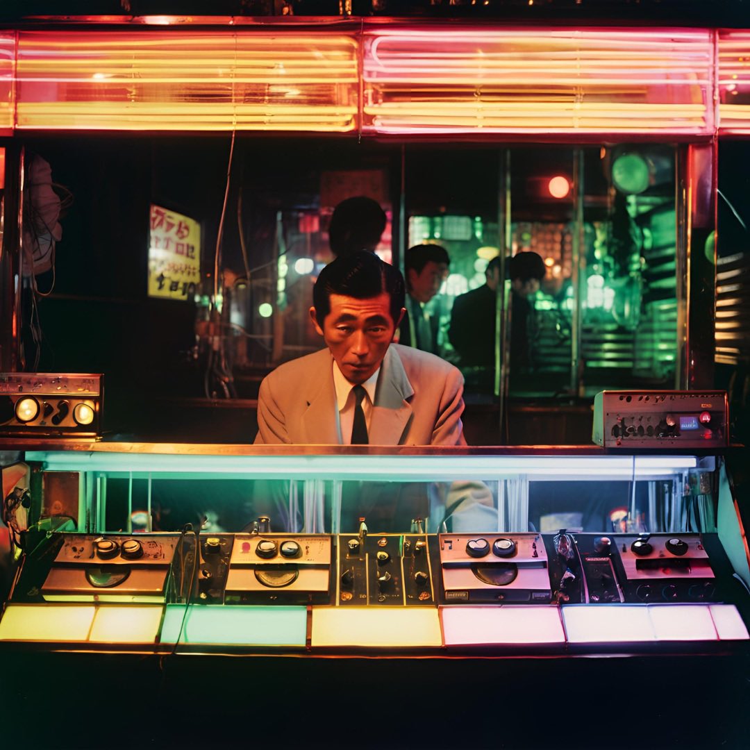 Snackhiro's tweet image. ヨぉ〜ッ‼️ブレードランナー好き❣️

昭和のネオン街で生メドレーをする男を生成してみました。

#AI生成画像  #スナックひろ　#snackhiro