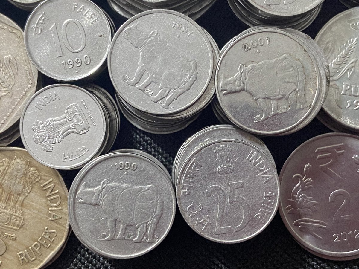 Coins of Independent India 🇮🇳 Collection 1)4 aana or 1/4 Rupee from 1950, 2) 1 paisa from 1965, 3) 3 paisa from 1967, 4) steel coins the 1980-90’s era : 10 paisa, 25 paisa, 50 paisa, 1 Rupee, 2 rupees 4) latest one being 10 Rupees dollar from 2012.