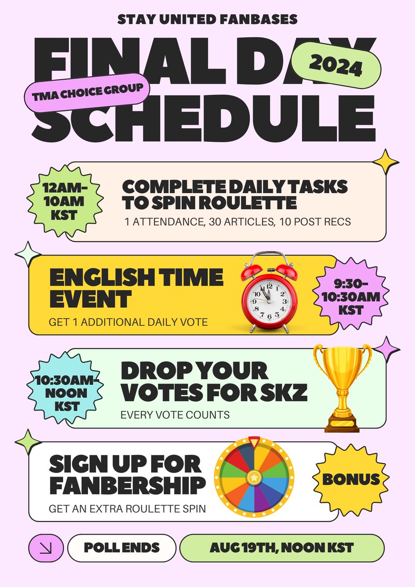 TeamSVS's tweet photo. [🏆TMA CHOICE GROUP]
It’s D-DAY! Join us on FANNSTAR for the final push to the finish line!

🏁 Follow the schedule below

❓TUTORIAL: https://t.co/yoIZJNhYRs

⏰ Ends: AUG 19Th, NOON KST https://t.co/OhE9KOoCV7