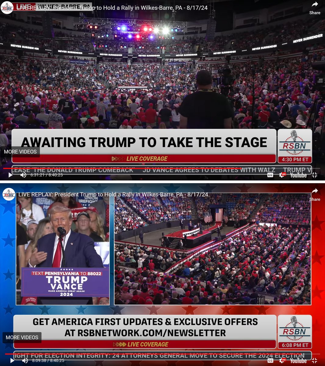 FakeName4Safety's tweet photo. Two screenshots from Trump Rally on 8/17/24. First is just before he takes the stage. Second is toward the end of @realDonaldTrump 's speech. Anyone trying to tell you it was "dead" is fake news. https://t.co/vhiHby4Gwf