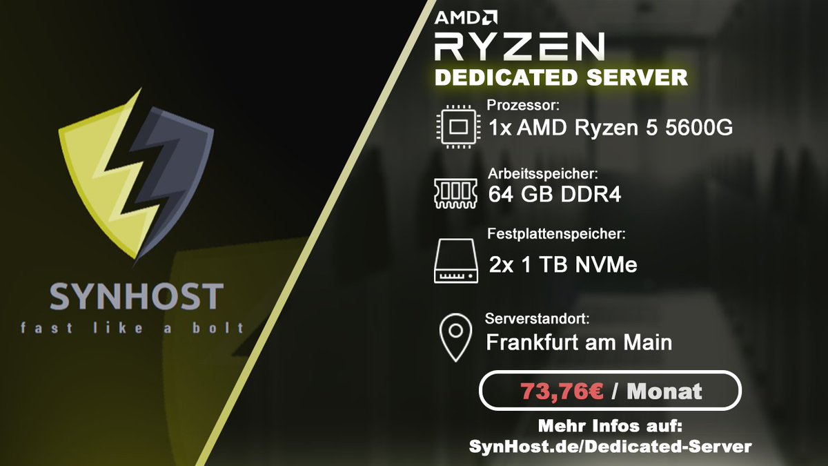 SynHost_de's tweet photo. 🔥Jetzt nur 73.76€, statt 81,95€

AMD Ryzen 5 5600G
☑️6 Cores / 12 Threads
☑️ 64 GB DDR4 RAM
☑️ 2x 1 TB NVMe
☑️2x 1 Gbit/s (redundant)

📍firstcolo - FRA4

👉🏻Schnell sein lohnt sich!
Nur solange der Vorrat reicht.
https://t.co/1M0t8qEHtA https://t.co/HZ8Qf0SDVH