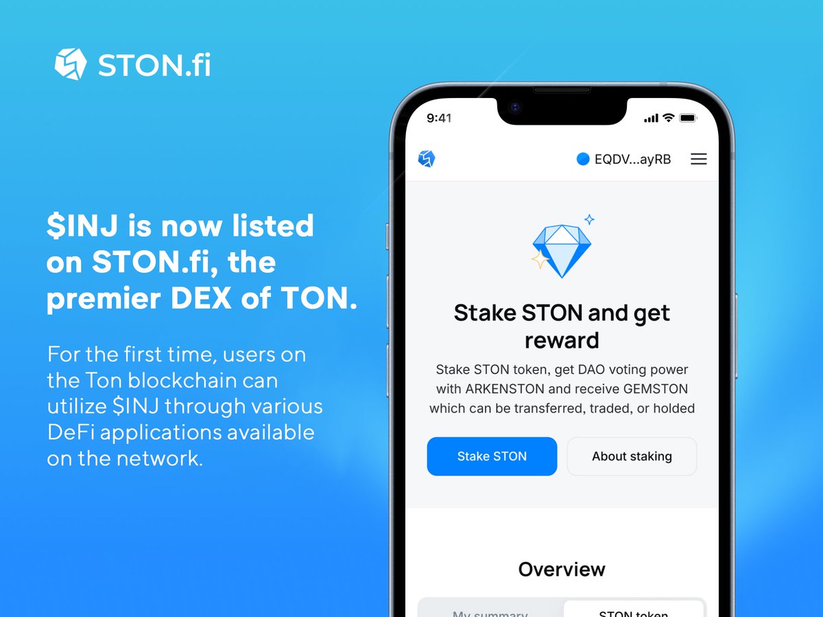 $INJ is now listed on STON.fi, the premier DEX of TON.

For the first time, users across Ton blockchain can access $INJ across a variety of DeFi applications on the network.

<a href="/Injective/">Injective 🥷</a>