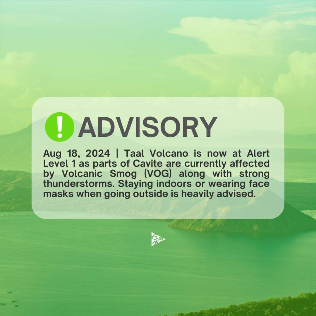 959GreenFM's tweet photo. ADVISORY: Certain parts of Cavite are currently affected by Volcanic Smog (VOG) coming from the Taal Volcano along with strong thunderstorms.

The VOG emitted by the volcano may cause some health ailments so it is heavily advised to stay indoors.

Stay safe, Caviteños! https://t.co/2Solqk1i4N