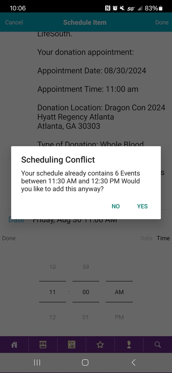 beaslma's tweet photo. The #DragonCon app being all sassy when I set up my schedule makes me chuckle I gotta have options buy this one is non negotiable @LifeSouth appointment already made #GiveBloodSaveALife #FreeTshirt #LunchAfter @theonlygolden https://t.co/FQRquB5fEA