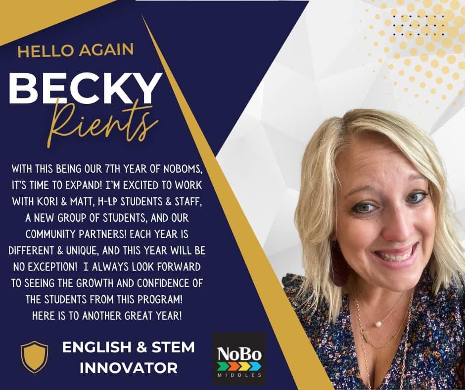 🔹Meet Mrs. Rients! 🔹

Becky has been the facilitator for NOBOMS from its inception &amp; excited to begin the 7th year of this program!