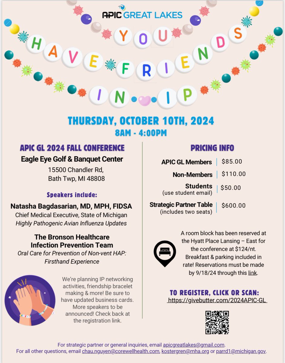 Please join APIC Great Lakes for our 2024 Fall Conference, featuring keynote speaker <a href="/MDHHS_CME/">Dr. Natasha Bagdasarian</a> 🤩🤩🤩 This year’s theme is “You Have Friends in IP!” We’ll feature special networking events to build your #infectionprevention tribe! Register at givebutter.com/2024APIC-GL