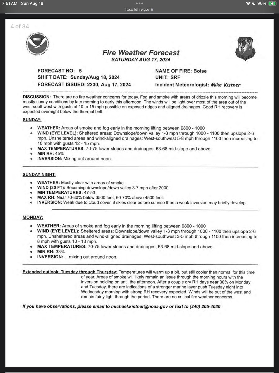 FurrieChief's tweet photo. #BoiseFire
Here are the 08-19-24 maps and forecasts for the incident:
(Although the area received some wetting rain in the last 24 hours, the larger fuels will continue to readily burn and consume.)
1 of 2 https://t.co/yOCGGwiU6q