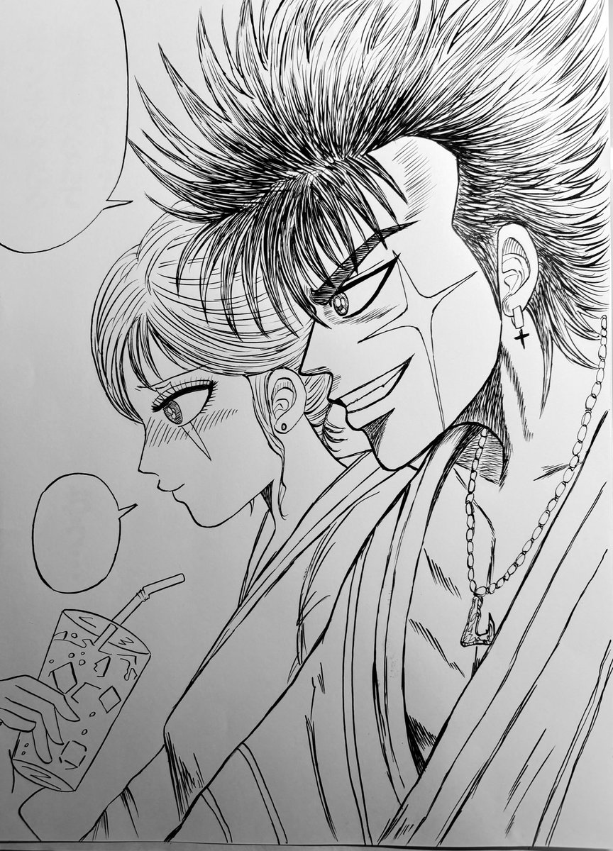 『和風甚平スタイルの喧斗、ミクと線香花火』  
ケン坊が@Harukaze1999N主催のお祭りイベントデート後にサプライズで彼女ミク(@CoCo73052323のキャラ)を誘って線香花火した後のイラスト線画完成です。
今からコピックで着彩します。
#ブラックアイドル影山
#布袋喧斗 