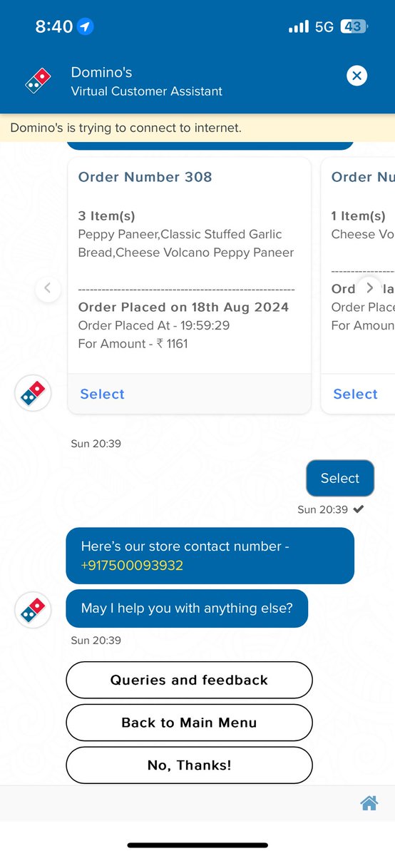 ankitkakran2's tweet photo. @dominos_india restaurant number provided by your support is not in use. Any body tell me where is my order https://t.co/vNMzOdeNF8