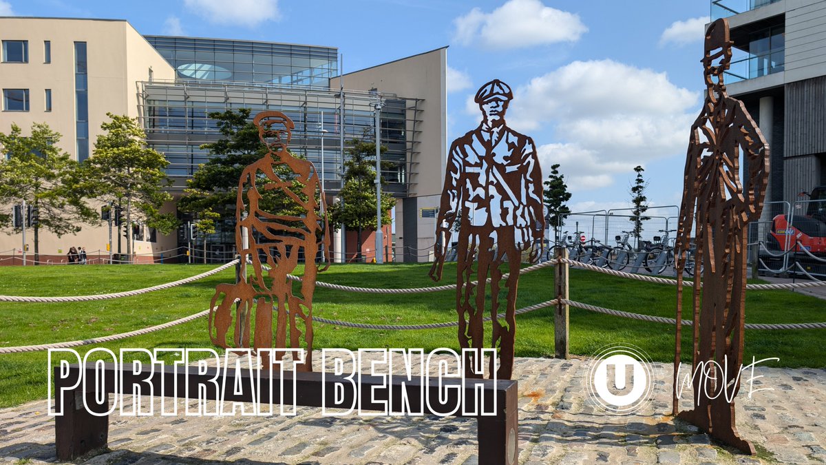 umoveebikes's tweet photo. Portrait Bench at Hamilton Dock @TitanicQuarter with 3 full-sized silhouettes of a shipyard worker who helped build the @ssnomadic, a French waiter who served on the ship and possibly her most famous passenger, Charlie Chaplin! #ExploreBelfast https://t.co/izYuPYcYPR