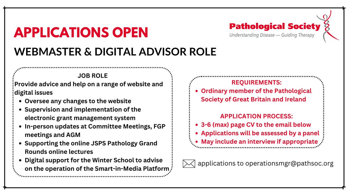 Reminder! 🔔
Are you a member of the Pathological Society with a passion for digital innovation? 💡🖥️

 We are seeking a new Webmaster &amp; Digital Advisor to succeed Professor Ali Khurram. 

 If interested, please see below: