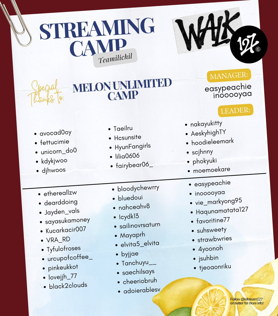 infoteam127's tweet photo. ⛺️ STREAMING CAMP 

🫂 279 member camp

Terima kasih atas semua kerja keras manager dan member camp teamilichil STREAMING. Camp terdiri dari Melon, Flo, Genie, Bugs, dan iTunes.

#MelonCamp #FloCamp
#GenieCamp #BugsCamp
#ITunesCamp
#StreamingCamp127
(1/2) https://t.co/4a372wiqBz