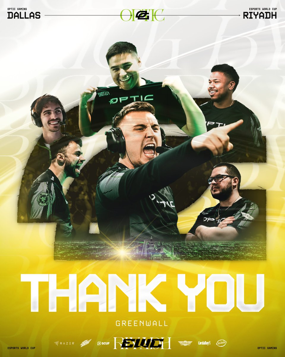 OpTic's tweet image. We finish T4 at the #EsportsWorldCup.  

Thank you to the #GreenWall for your support throughout the MW3 season featuring our World Championship win 

Onwards to Black Ops 6 🙌 @Shotzzy @Pred @Kuavo @DashySZN @DKarma @JPKrez #GreenWall