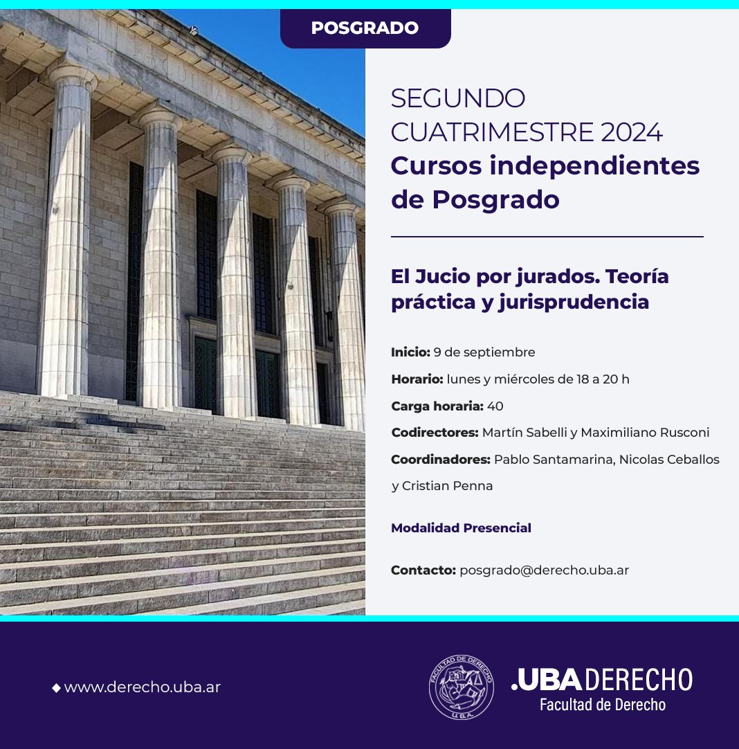 pab_santamarina's tweet photo. Quedan invitados a este curso de posgrado sobre juicio por jurados desde el 9 de septiembre en la UBA!!! https://t.co/8UNJFZJQdE