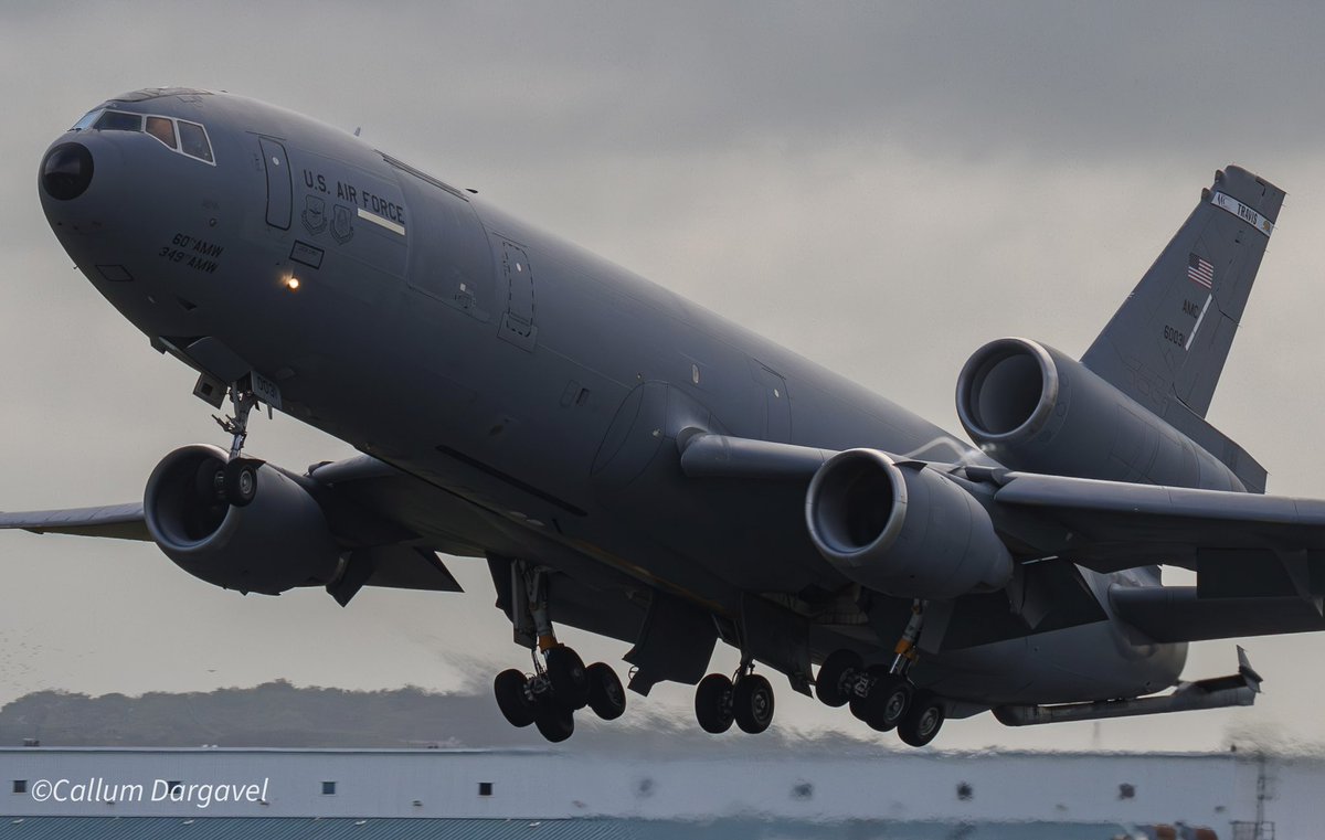 CallumDar21's tweet photo. And she’s gone! 

USAF KC-10 heads out of @GPAPassenger as ROMA64 this morning as she heads back to the United States and quite possibly leaving the UK for the final time today.

@Travis60AMW 
#kc10 #kc10extender #USAF #usairforce #Military #prestwickairport https://t.co/fW5cw48k4U