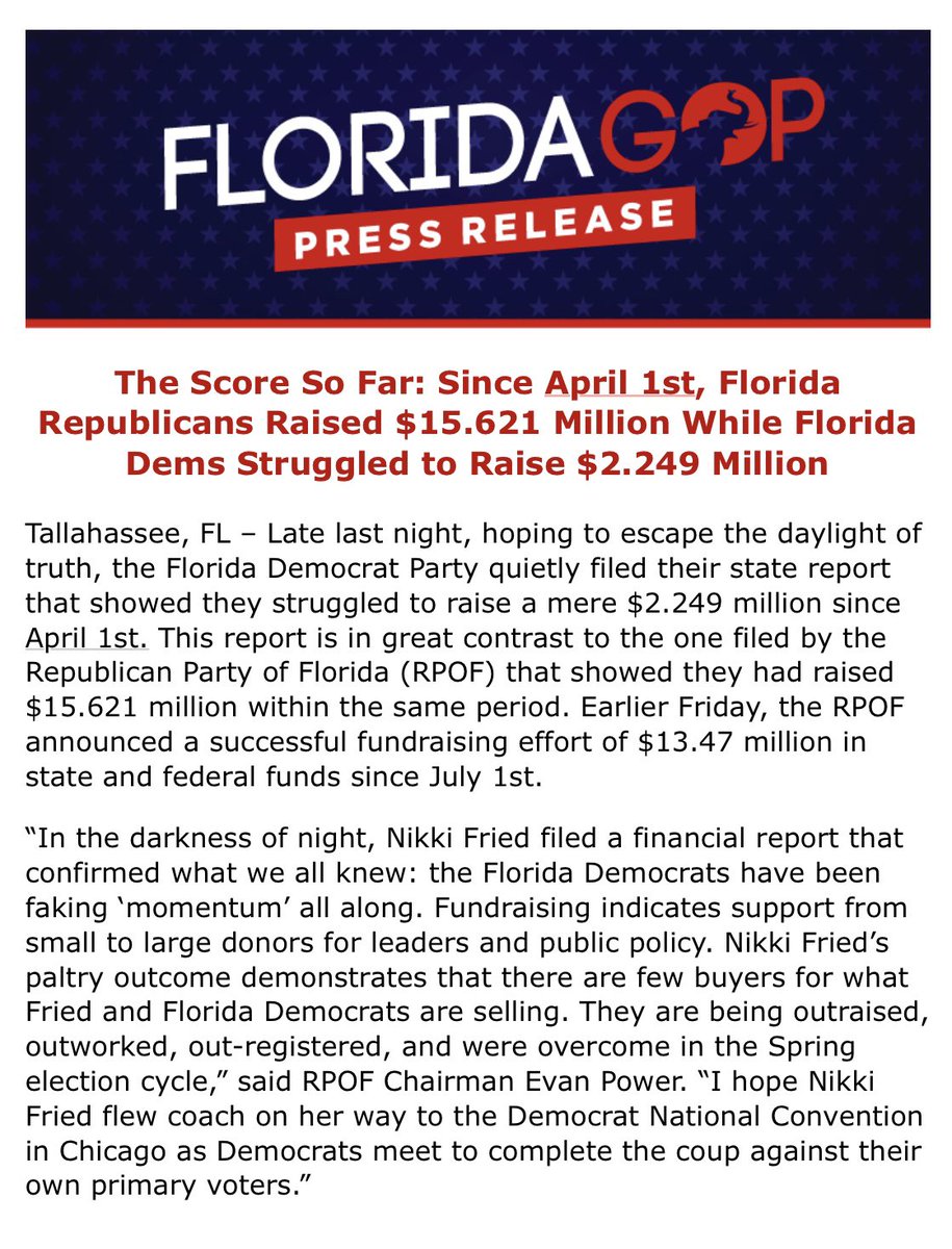 In the darkness of night, <a href="/NikkiFried/">Nikki Fried</a> filed a financial report that confirmed what we all knew: the <a href="/FlaDems/">Florida Democrats</a> have been faking ‘momentum’ all along. They are being outraised, outworked, and out-registered.