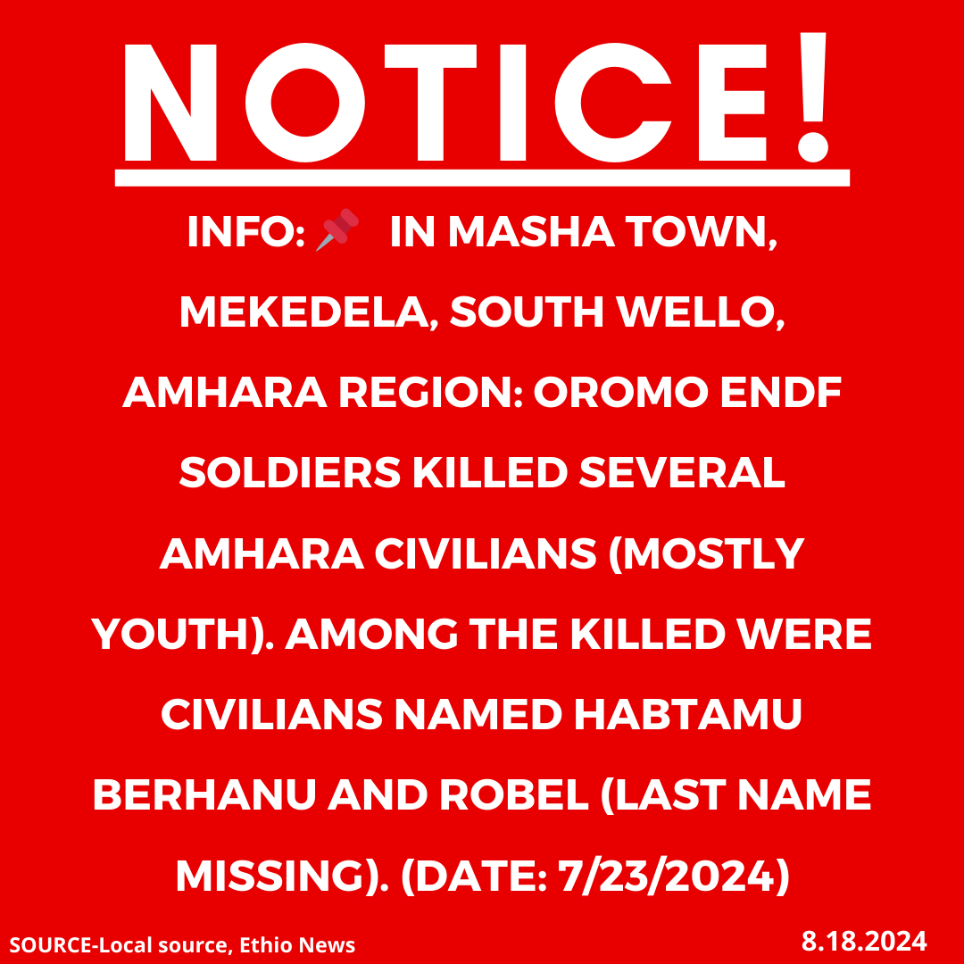xotrinx1's tweet photo. INFO:📌 In Masha town, Mekedela, South Wello, Amhara region: Oromo ENDF soldiers killed several Amhara civilians (mostly youth). Among the killed were civilians named Habtamu Berhanu and Robel (last name missing). (Date: 7/23/2024)

#Ethiopia #xotrin #Amharagenocide #Amharamassacre #OromoENDFmurdersAmharacivilians