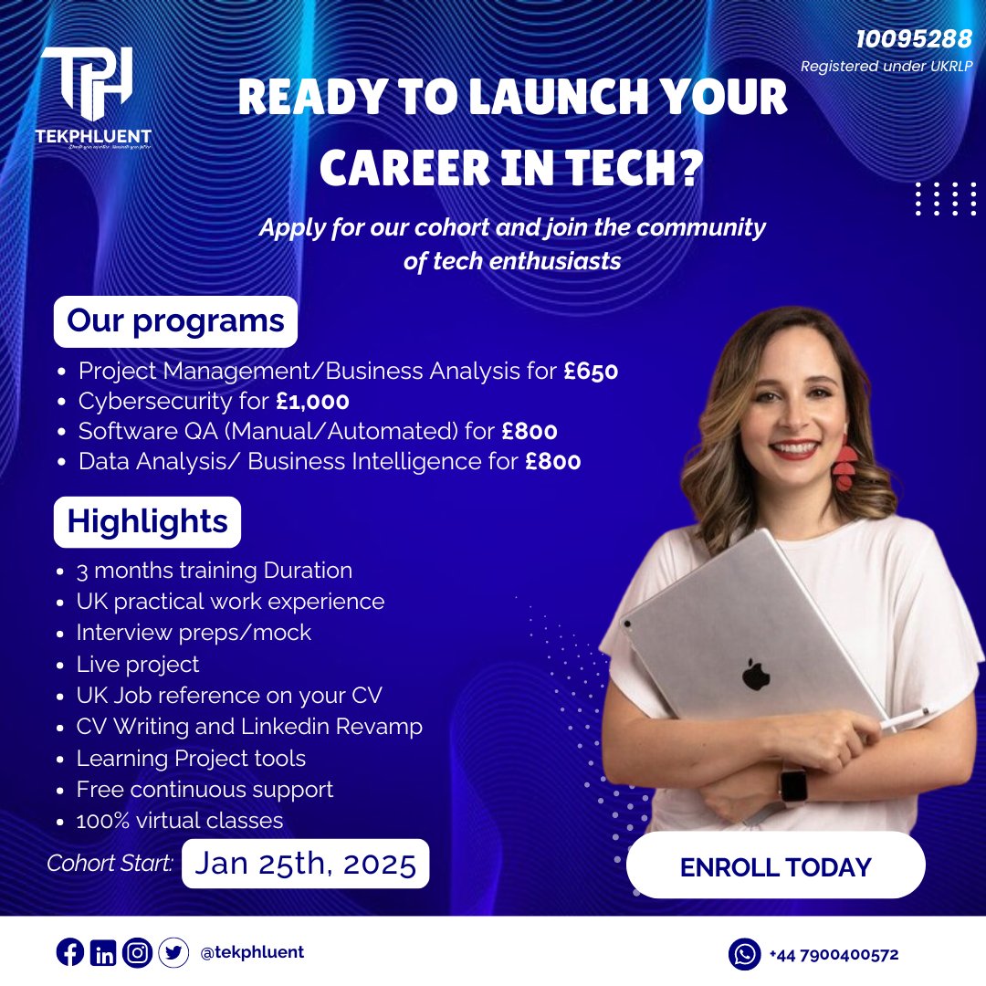 tekphluent's tweet image. Ready to launch your tech career? 🚀 Join tekphluent’s January 2025 Cohort 4.0 for top-notch training in Project Management, Cybersecurity &amp;amp; more. Enroll now!

#TechCareers #VirtualLearning #tekphluent