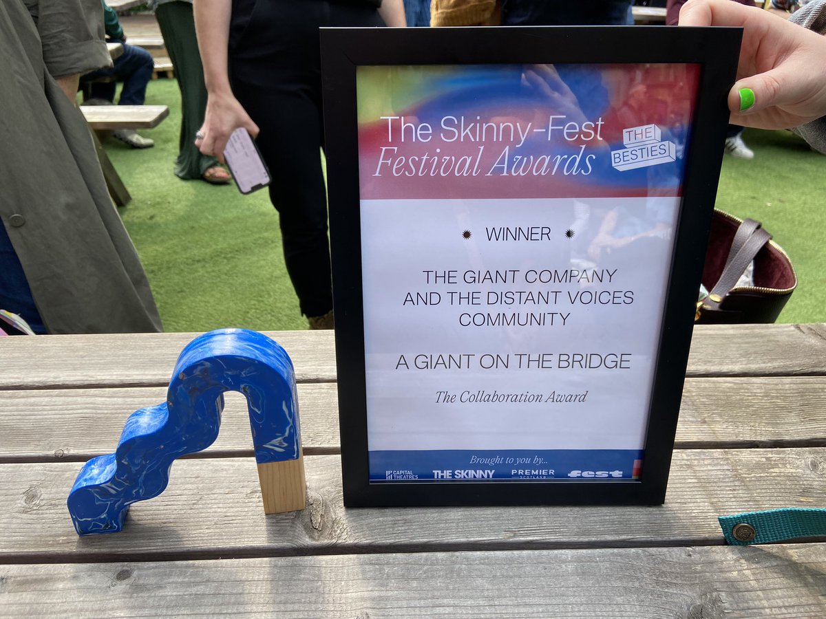 JoCollScott's tweet photo. What an amazing final day of A Giant on the Bridge. We were delighted to receive this award. It belongs to so many incredible people, who gave so much to the project (and continue to). Thank you so much too, to the brilliant audiences who have come to see it. You’ve blown us away https://t.co/mbAxuwi5JF