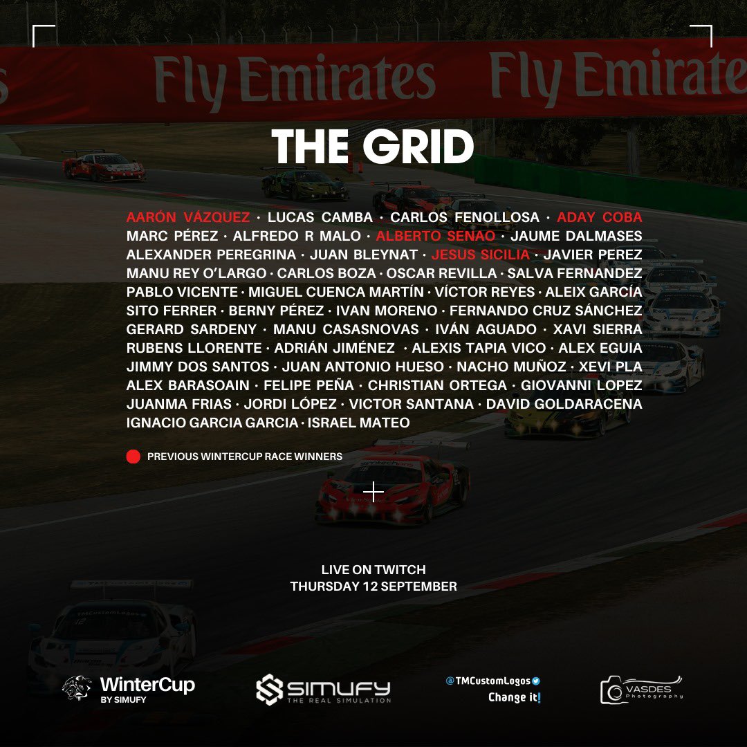 WinterCUP 2024!🏁

THE GRID!

Lista de los 45 pilotos pre-inscritos a la 4ta edición de la WinterCUP by <a href="/simufy/">Simufy</a>.

Formando un SOF de 6.3k el mas alto de las cuatro ediciones, se espera una gran lucha por alzarse con el titulo!

Nos vemos el 12 de Septiembre!⏰