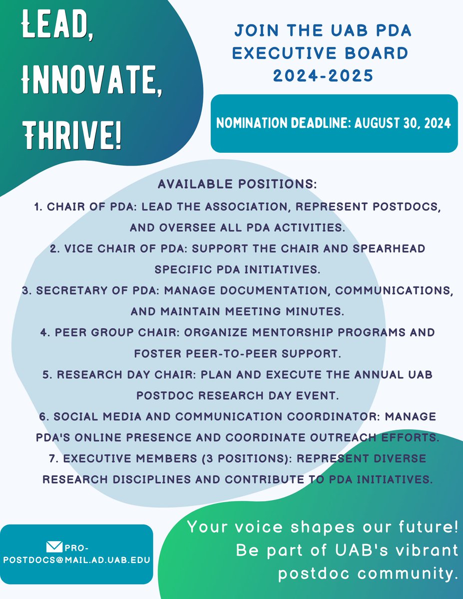 📢 UAB Postdocs: Your time to lead is now! 🚀
UAB PDA Elections 2024 are open Aug-Sept.
Nominate yourself or a colleague for impactful leadership roles.
Make your mark on UAB's postdoc community!
Watch your UAB email for nomination instructions.
#UABPostdocs2024  🎓👇