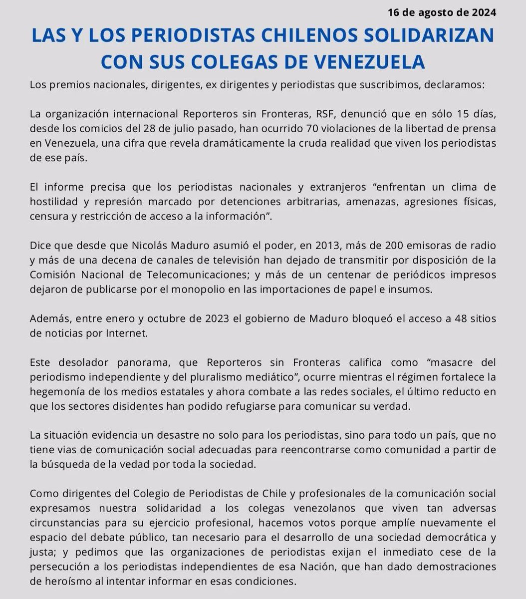CNPCOL's tweet photo. Agradecemos a nuestros colegas chilenos por la solidaridad que nos muestran en los momentos tan difíciles que atraviesa la libertad de prensa y la libertad de expresión en nuestro país.

#VenezuelaSinLibertadDePrensa #venezuela #cnp #colegiodeperiodistasdevenezuela https://t.co/XgjqFccRmR