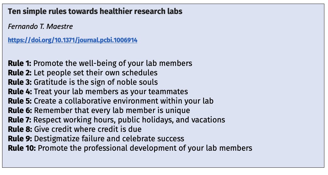 If I were looking for a PhD advisor or post-doc opportunity, I would make sure they follow these ten simple rules for a healthy working environment.