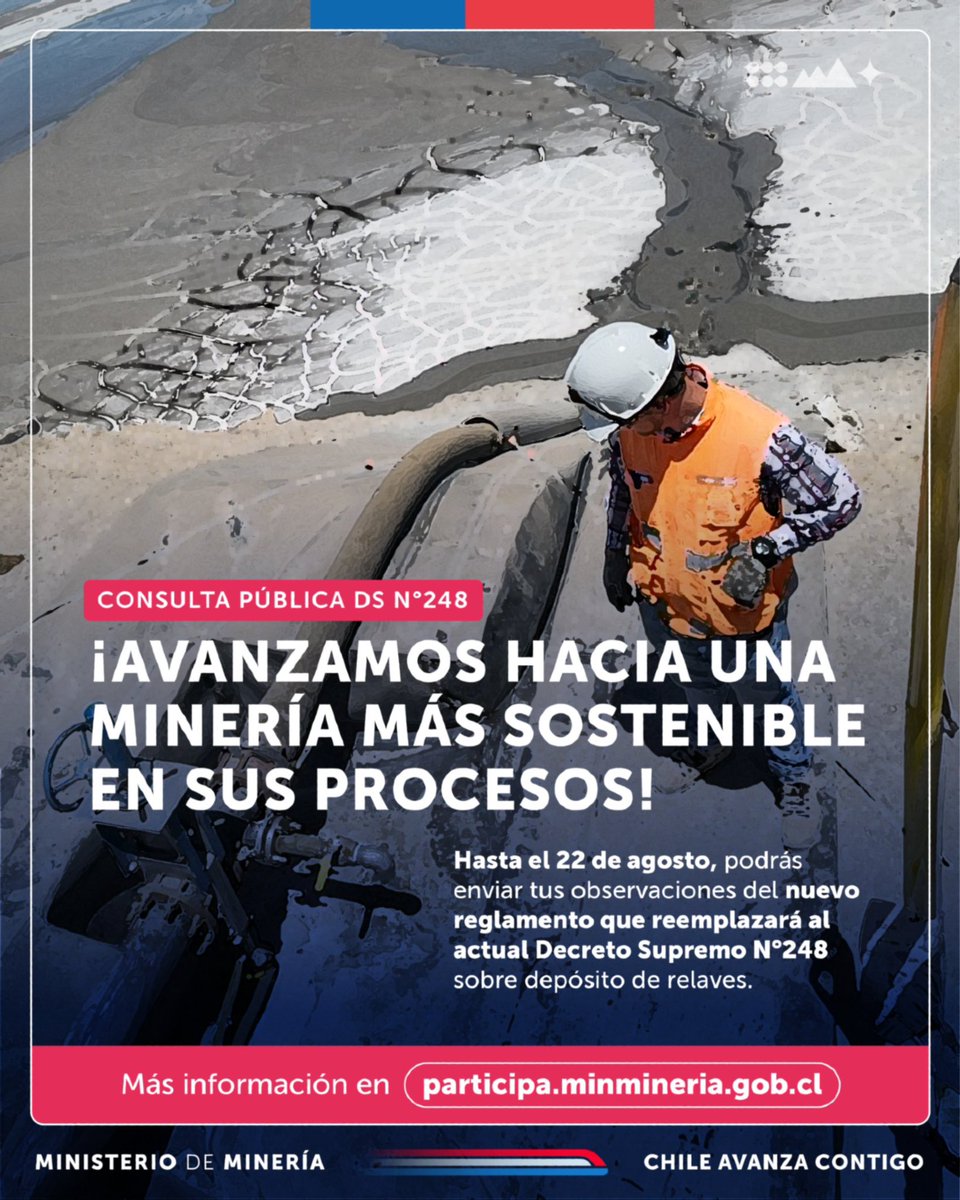 sernageomincl's tweet photo. #AgendaMinería | Te invitamos a participar en la Consulta Pública de la actualización del DS 248.
Este decreto regula el diseño, construcción y operación de proyectos de #relaves.
Visita https://t.co/KYHaKumAUS y déjanos tus comentarios hasta el jueves 22 de agosto. https://t.co/owOpZMPD2K