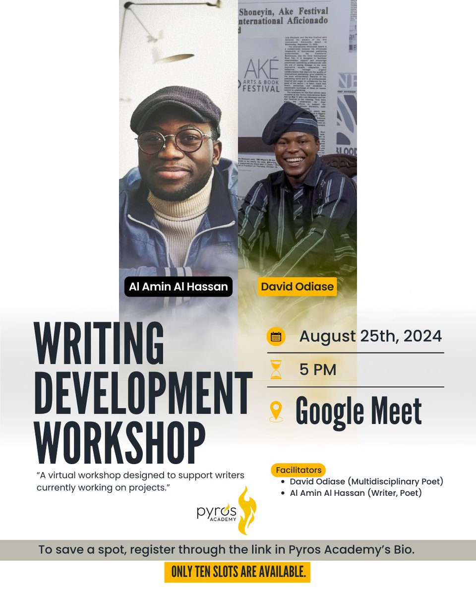 We're excited to announce that our Writing Development Workshop is happening next week Sunday!🔥

In this workshop, you'll have dedicated time to work on your piece, and receive expert feedback from our facilitators, <a href="/TheDavidOdiase/">David Osaodion Odiase</a> and Al Amin Al Hassan.

Link in bio!🔥
