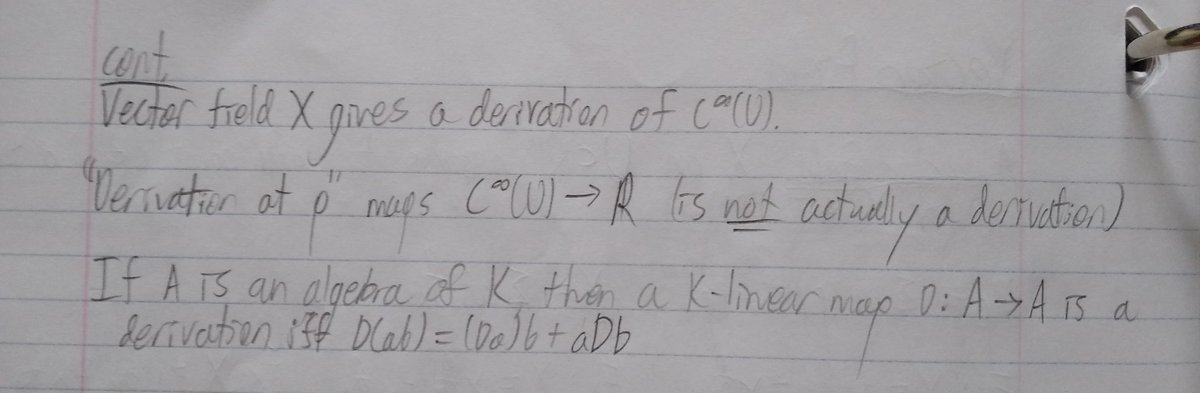 ThomasKilmer4's tweet photo. @JetStreamSham Get deep enough into topological geometry and a vector field assigns a tangent vector to each point in a subset of Rn, which is described as a derivation. Then the set of all vector fields on an Rn subset is isomorphic to the derivations of the algebra of functions on that subset https://t.co/tmgE3qTLpb