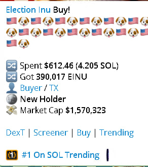 Election_Inu's tweet photo. Top 1 DexScreener, Top 1 Sol Trends! 🔥🔥

Soon $EINU will be top-1 on all exchanges! https://t.co/7B6CpYcVuf