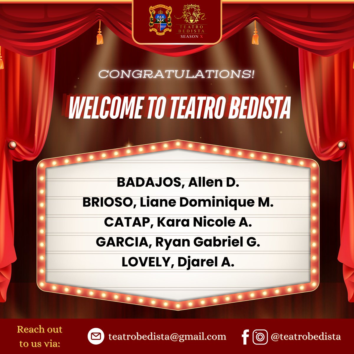 teatrobedista's tweet photo. Congratulations to everyone who passed the Teatro Bedista auditions! ❤️

Your talent, dedication, and passion for the arts have truly shone through. 

Here's to new experiences, creative expression, and a fantastic time ahead in Teatro Bedista!! 🎭

#TeatroSeasonX https://t.co/bLJslotlpN