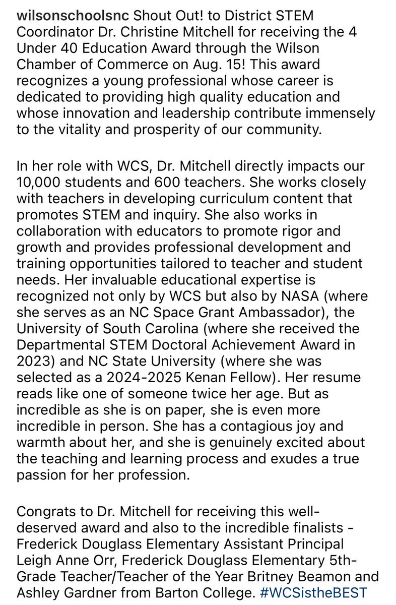 WilsonSchoolsNC's tweet image. Shout Out! to District STEM Coordinator Dr. Christine Mitchell for receiving the 4 Under 40 Education Award through the Wilson Chamber of Commerce on Aug. 15! #WCSistheBEST