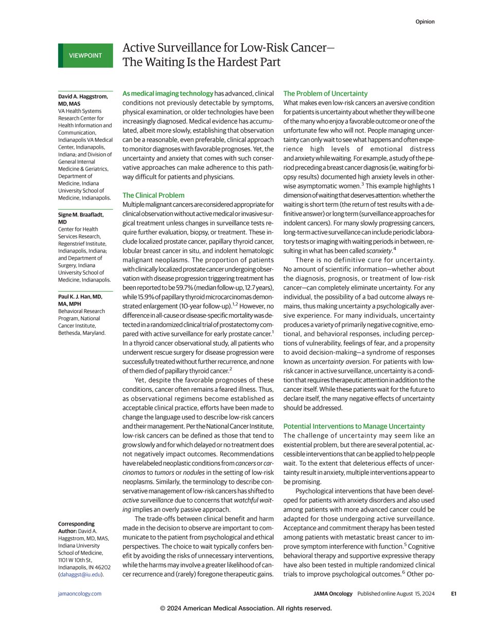 JAMA Oncology (@jamaonc) on Twitter photo Viewpoint by <a href="/dahaggstrom/">David Haggstrom</a>, <a href="/SigneBraafladt/">Signe Braafladt MD</a>, and Paul K.J. Han describes the benefits and challenges of active surveillance as a clinical approach to monitor low-risk cancers with favorable prognoses. ja.ma/3Tevp3p Viewpoint by <a href="/dahaggstrom/">David Haggstrom</a>, <a href="/SigneBraafladt/">Signe Braafladt MD</a>, and Paul K.J. Han describes the benefits and challenges of active surveillance as a clinical approach to monitor low-risk cancers with favorable prognoses. ja.ma/3Tevp3p
