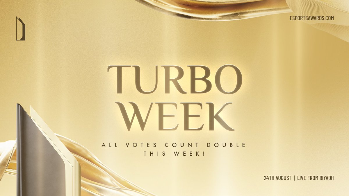 esportsawards's tweet image. LAST 2 DAYS TO VOTE. Turbo Week is live, and your votes just got a power boost! ⚡

Support your favorite finalists by voting daily until August 20. Every vote counts—twice as much!

✅ Vote now: esportsawards.com/vote 

#EsportsAwards2024 #TurboWeek