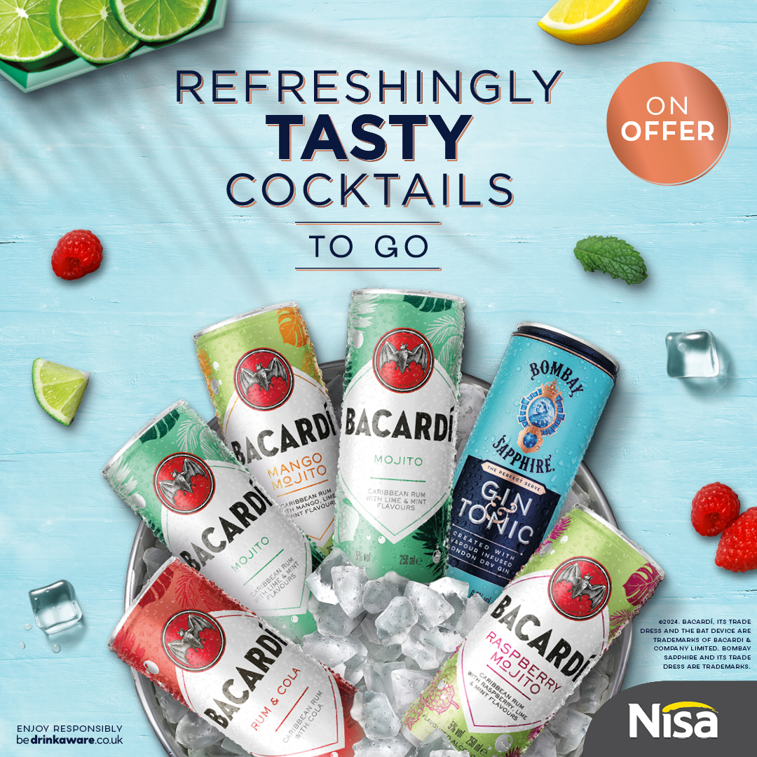 NisaLocally's tweet image. Refreshingly tasty cocktails to go. 
Pop down to your local Nisa and pick up your favourite.

#Bacardi #BombaySapphire #Readytodrink